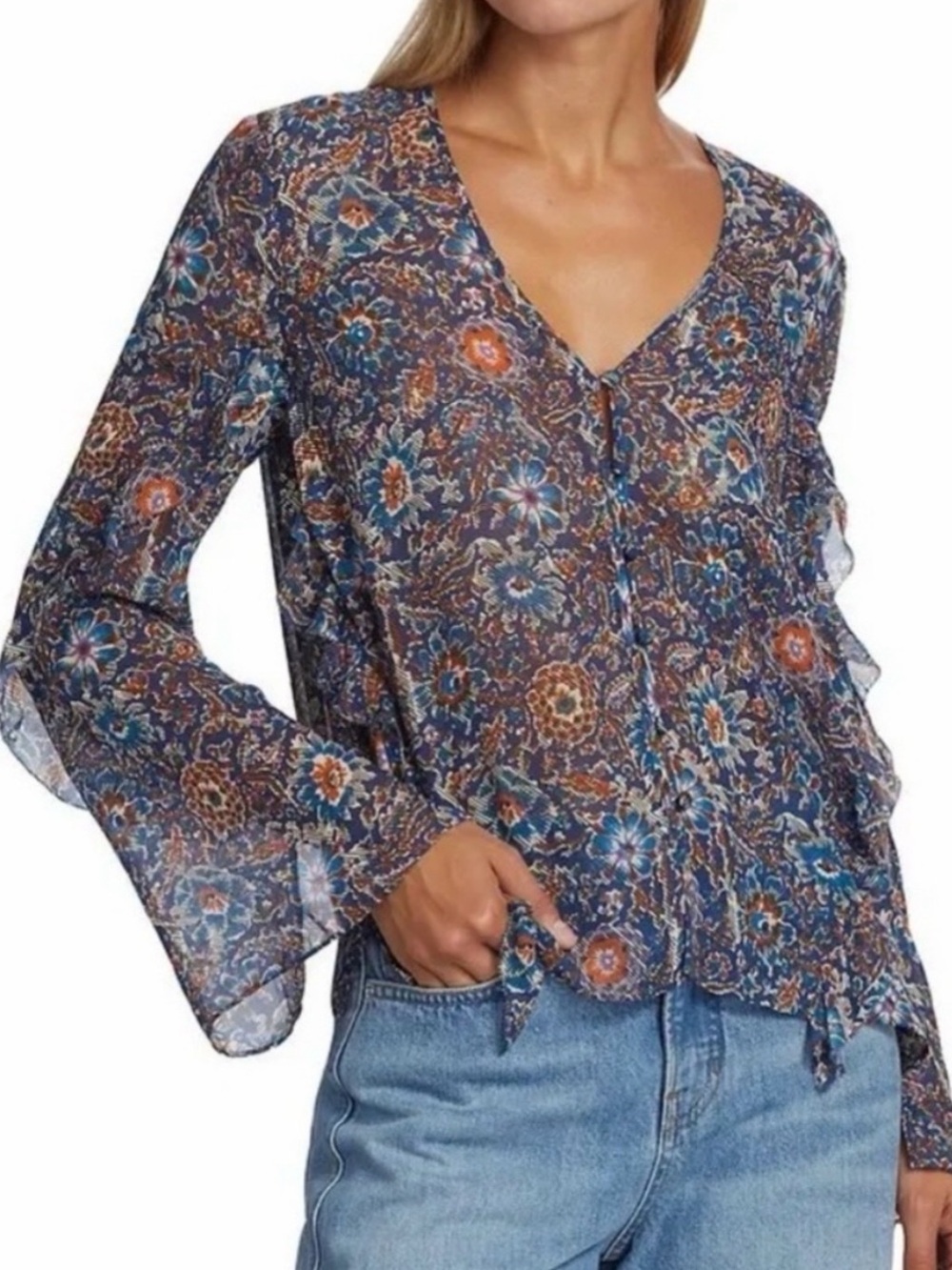 Veronica Beard Blouse Womens 14 Blue Floral V Neck Ruffle Sleeve Silk Chiffon